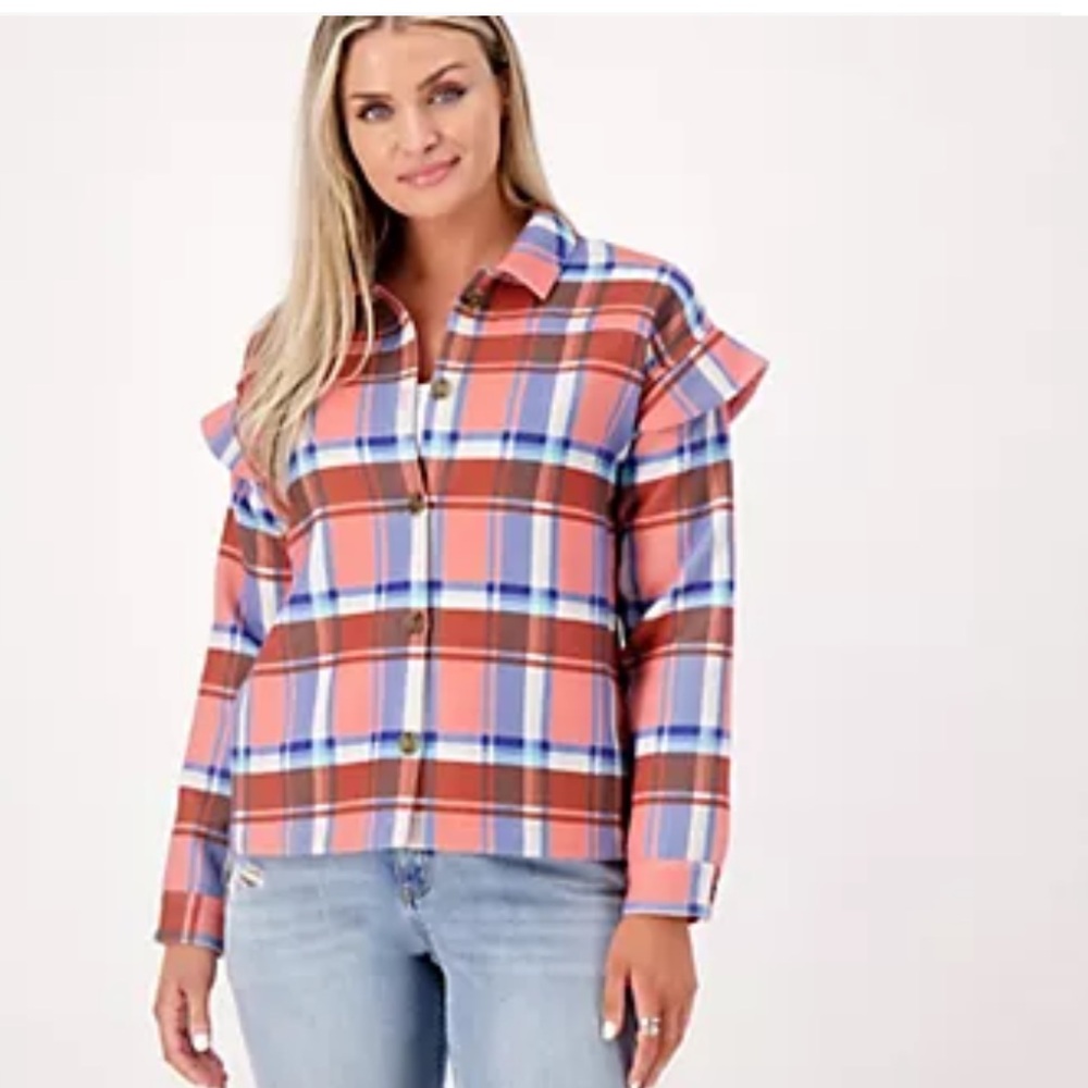 NWT Candace Cameron Bure Ruffle Sleeve Shirt Jacket size xs spring shacket coral